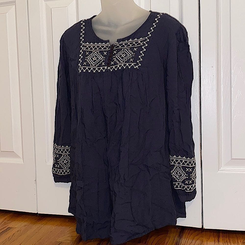 Decorated Originals Navy Hippie Boho Embroidered Top Blouse Shirt Large L